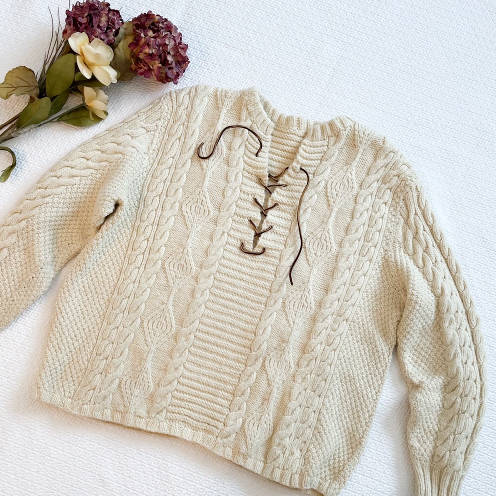 Hand Knit Wool Cable Knit Leather Laced Sweater Size L/XL Ivory